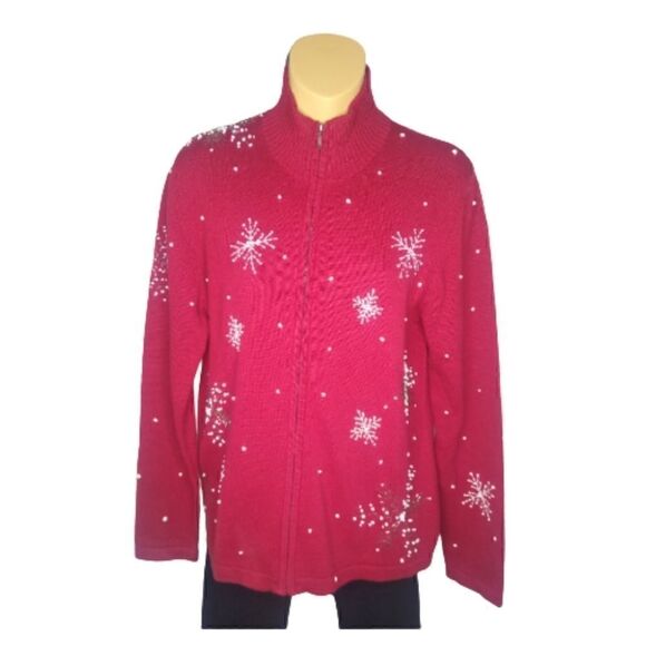 Norm Thompson Red Zip Up Cotton With Embroidered & Beaded Snowflakes SZ Small - Picture 2 of 7